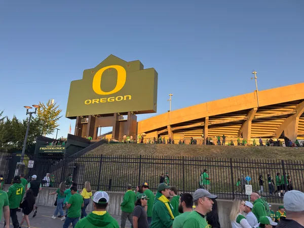 The crowd gathers outside the stadium.