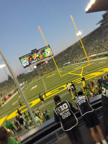 The first view of the football field from the end-zone seats.