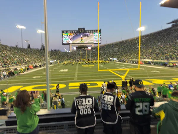 The Oregon football field viewed from behind the end zone.