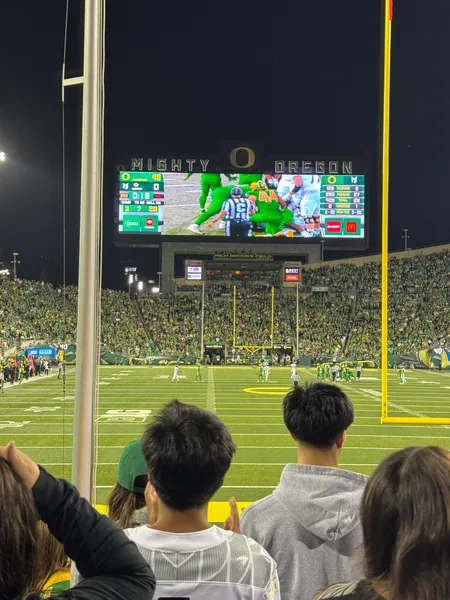 The crowd watches the video board above the field.