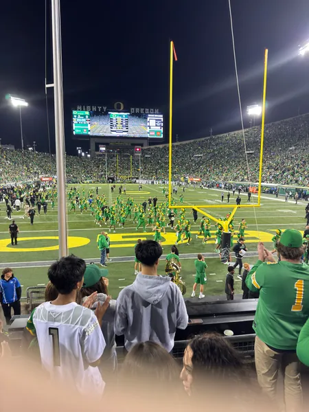 The end zone beneath the stadium lights.