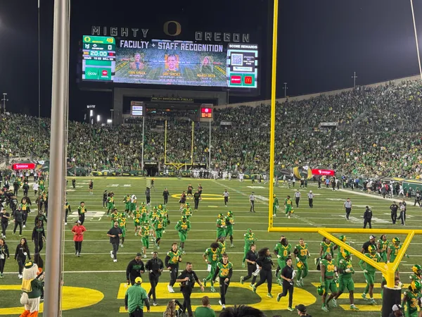 The stadium crowd remains in the stands after play.