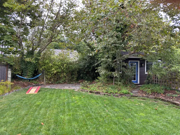 A backyard with a hammock and small shed.