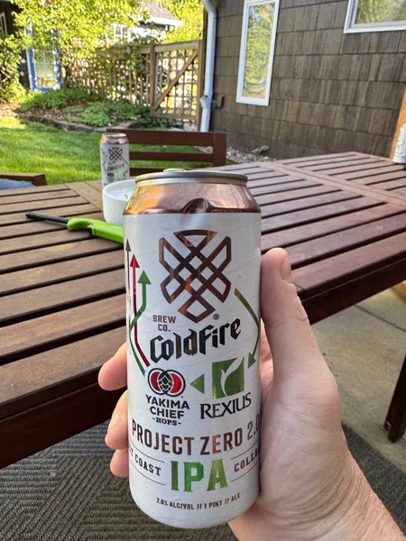 A can of ColdFire beer held outside in the afternoon.