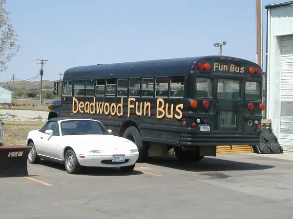 A black sightseeing bus passing through town.