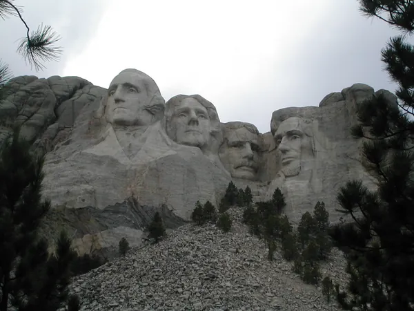 The monument framed by pine branches.