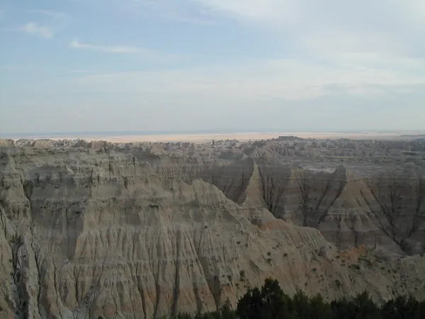 Deeply eroded ridges and gullies.