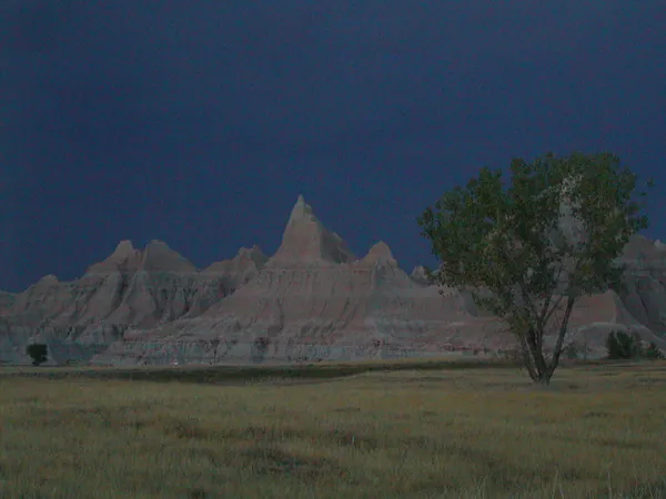 A lone tree and jagged formations at dusk.