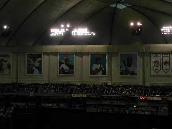 The domed stadium interior and upper deck.