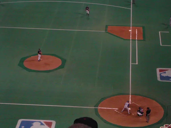 The field and outfield seating during play.