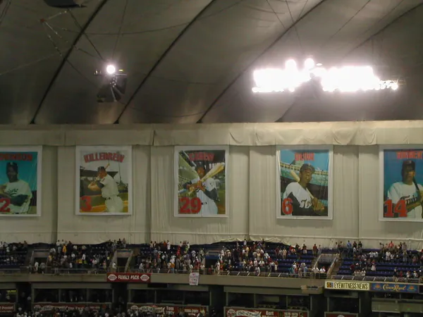 Banners and seating beneath the stadium roof.