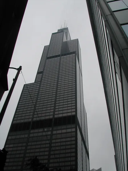 Another steep view of the dark skyscraper.