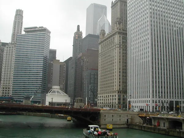 Skyscrapers lining the river.