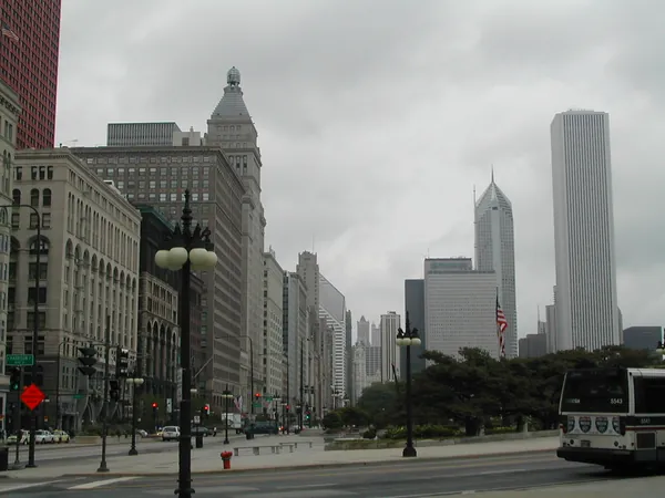 A broad avenue leading toward the skyline.