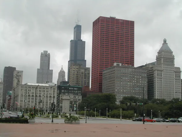 The fountain plaza and city skyline.