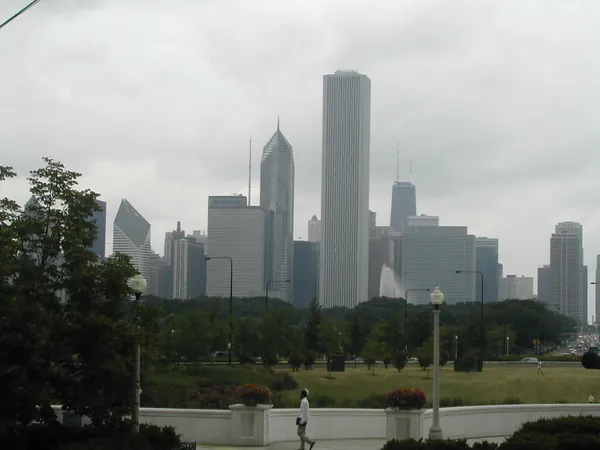 The skyline across open park grounds.