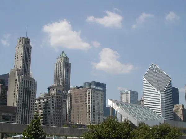 The skyline beyond trees and open space.