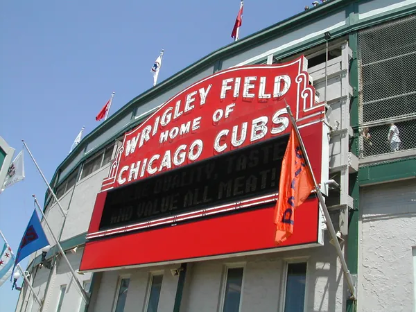 The Wrigley Field marquee above the entrance.