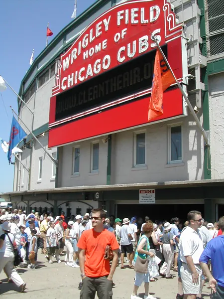 Fans gather outside Wrigley Field.
