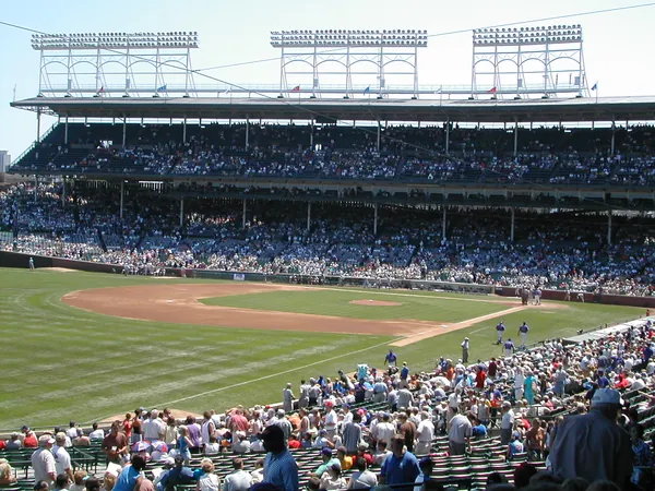 The ballpark and field viewed from the stands.