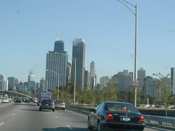 The Chicago skyline from the highway.