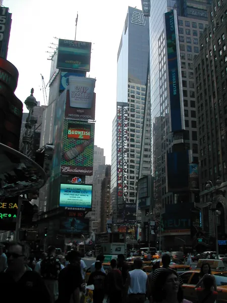 A vertical view through Times Square.