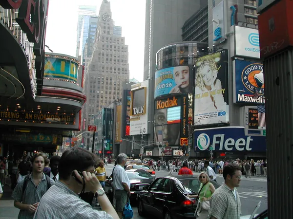 Pedestrians and signs in the theater district.