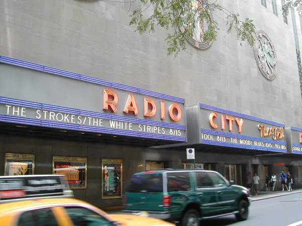 The Radio City Music Hall marquee across the street.