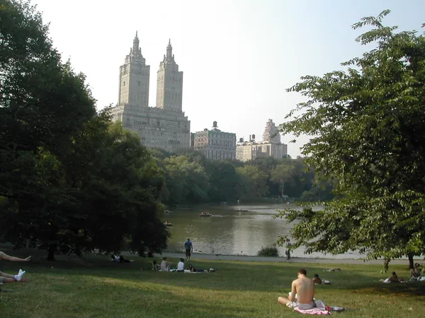 Twin towers rising beyond a quiet park lake.