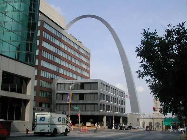 The Gateway Arch rising beside downtown St. Louis.