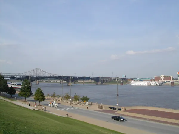 The Mississippi River and distant shoreline.