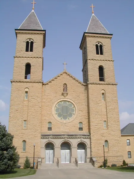 A stone cathedral with twin towers.