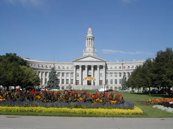 Flower beds and lawns before the civic center.