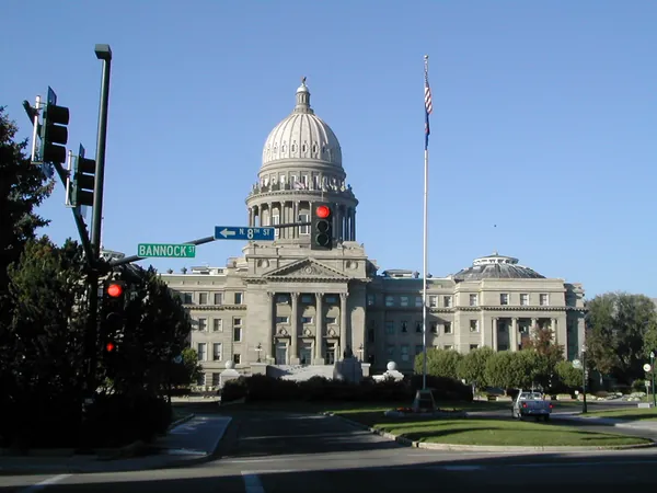 The Idaho State Capitol after sunset.
